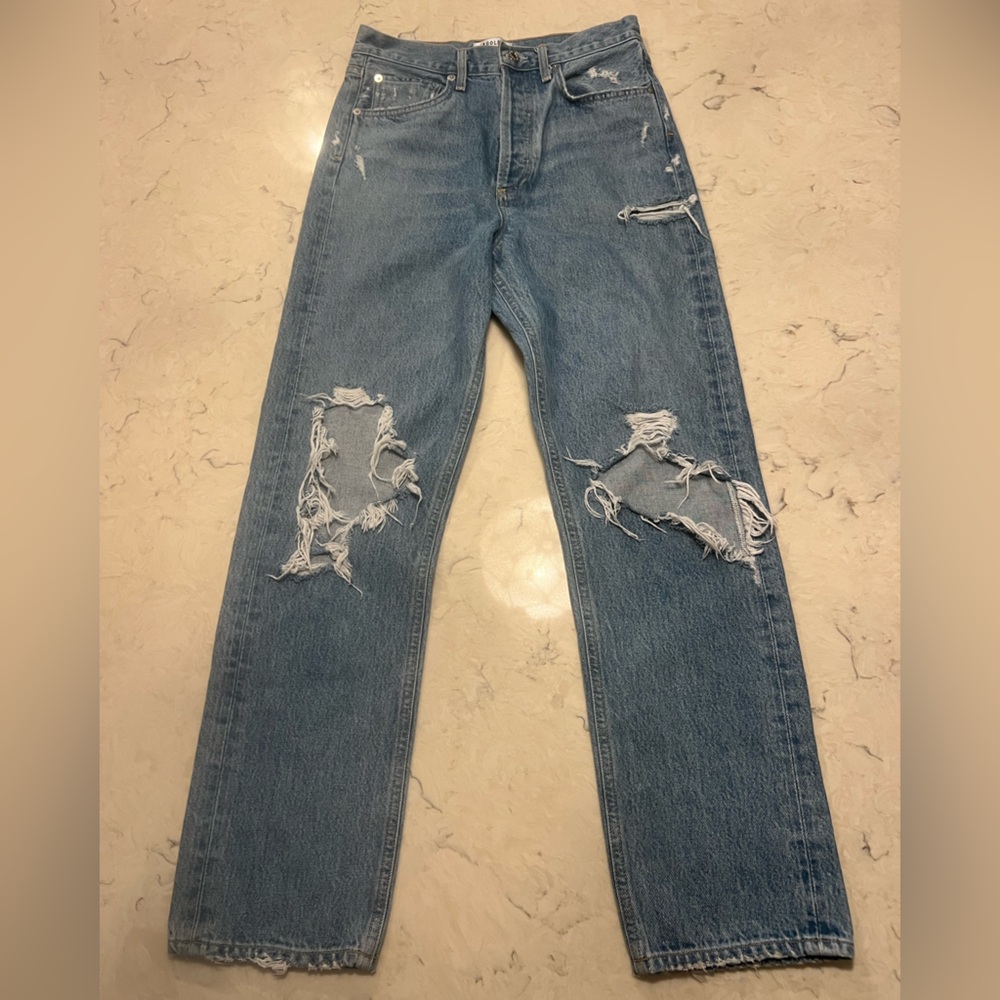 Agolde Women's 90's Mid Rise Straight Leg Distressed‎ Blue Jeans